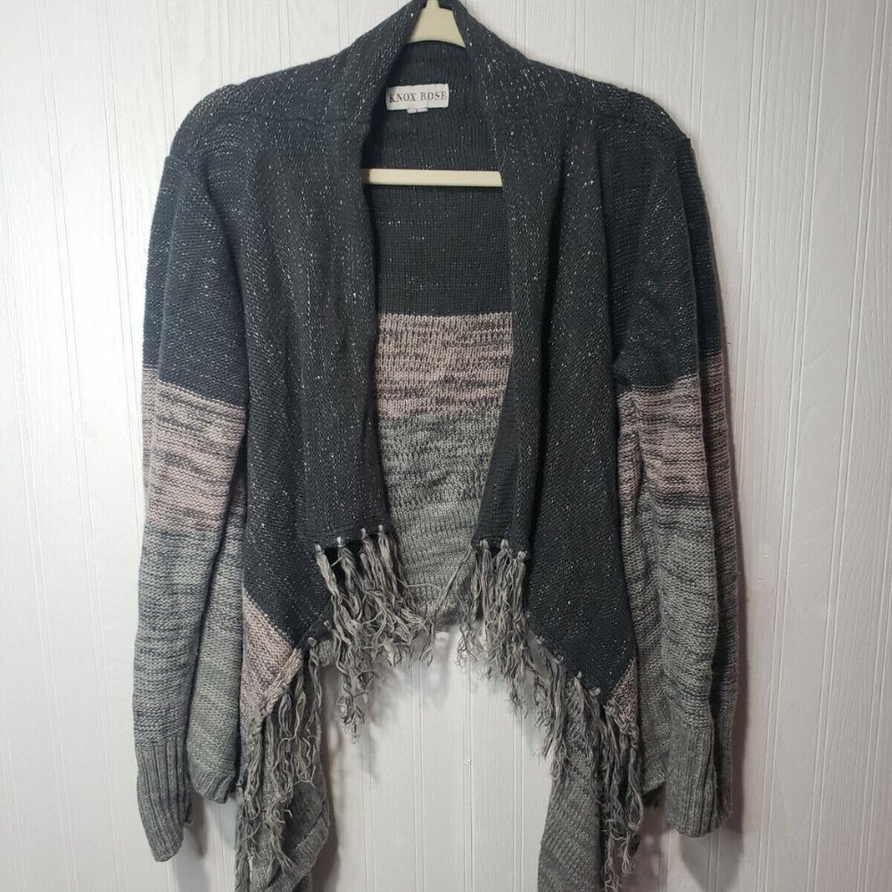 Knox Rose Fringe Open Front Boho Kimono Cardigan Gray/Pink Sparkle Silver Thread